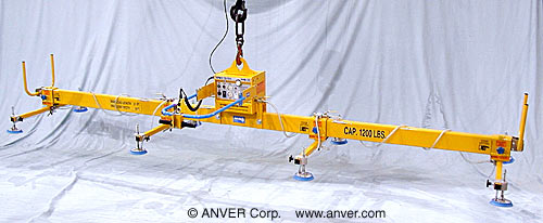 ANVER Electric Powered Vacuum Generator with Eight Pad Lifting Frame for Lifting & Handling Metal Plate 21 ft x 8 ft (6.4 m x 2.4 m) up to 1200 lb (544 kg)
